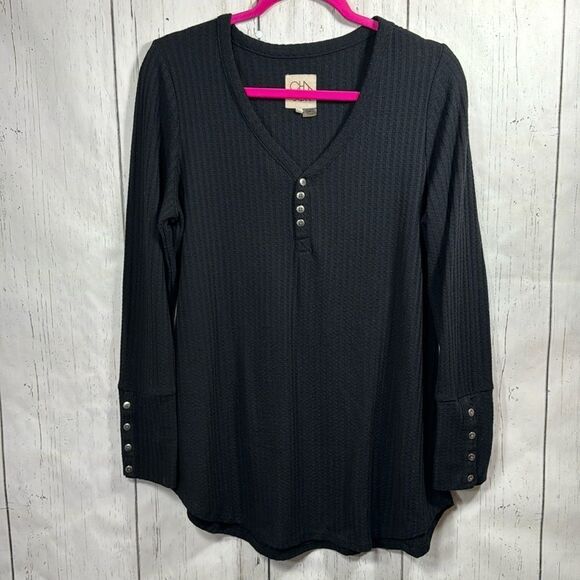 Chaser Waffle Henley Knit Thermal Long Sleeve Black V Neck Stretchy Sweater - Picture 1 of 12